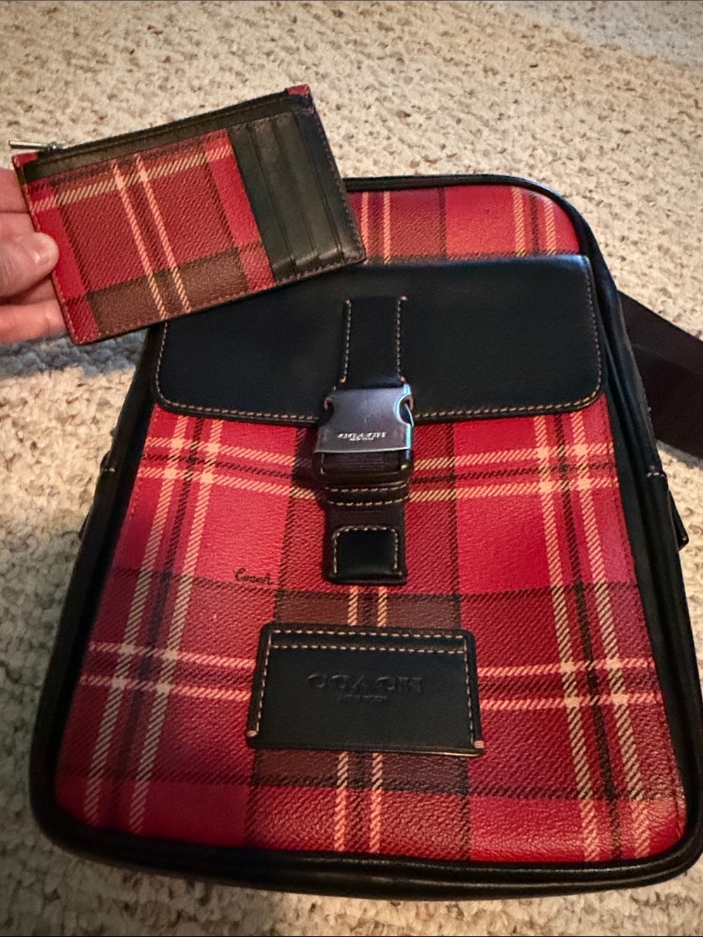 Coach Red Plaid Crossbody Messenger W/Black Trim CC029 W/Mini Card/Coin Wallet